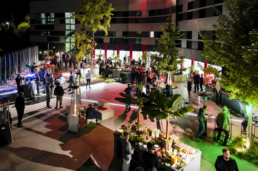 Panoramica interna dell’allestimento verde e dei percorsi del Gala Dinner Ariostea 2019