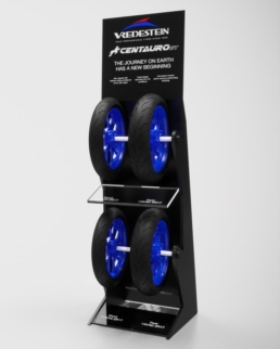Rendering dell’espositore verticale Vredestein con pneumatici e cerchi blu