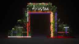 Rendering del portale Ariostea con cornice luminosa colorata e parete verde