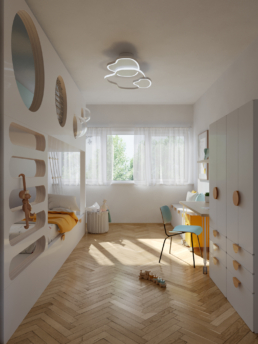 Rendering della cameretta con letto a sinistra, scrivania davanti alla finestra e parquet a spina di pesce a Milano Brera