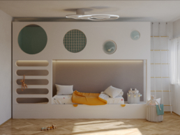 Rendering del letto integrato in una struttura bianca con aperture circolari e nicchia illuminata nella cameretta a Milano Brera