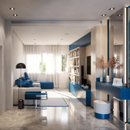 Rendering del soggiorno con divano, libreria in legno e mobile TV blu nell’appartamento a Milano Brera