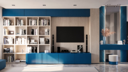 Rendering frontale della parete TV con libreria in legno, contenitori blu e specchio nel soggiorno a Milano Brera
